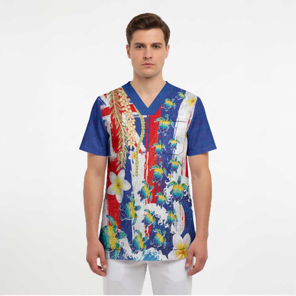Hawaiian Sea Turtles and Plumeria Scrub Top with Lei and Flag Grunge Style