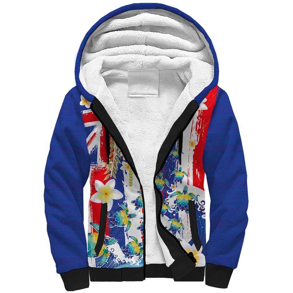 Hawaiian Sea Turtles and Plumeria Sherpa Hoodie with Lei and Flag Grunge Style