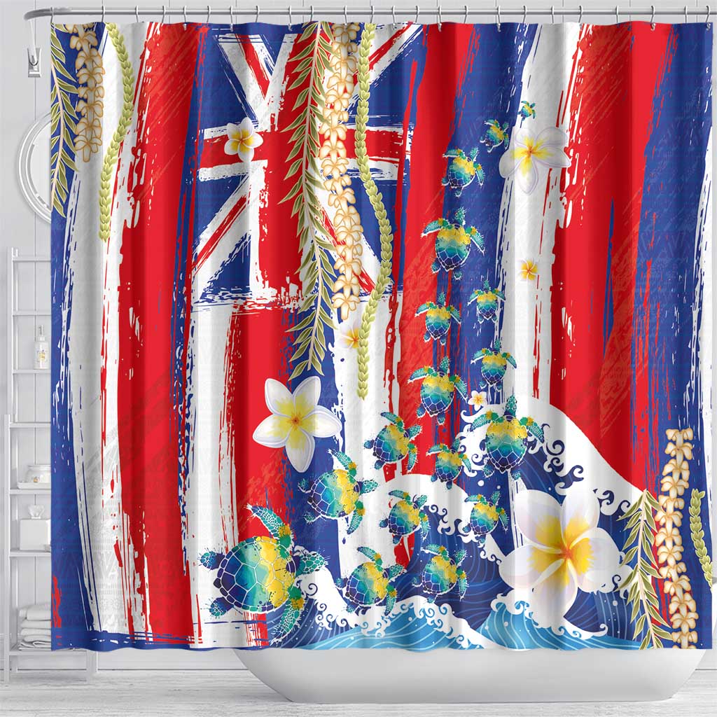 Hawaiian Sea Turtles and Plumeria Shower Curtain with Lei and Flag Grunge Style