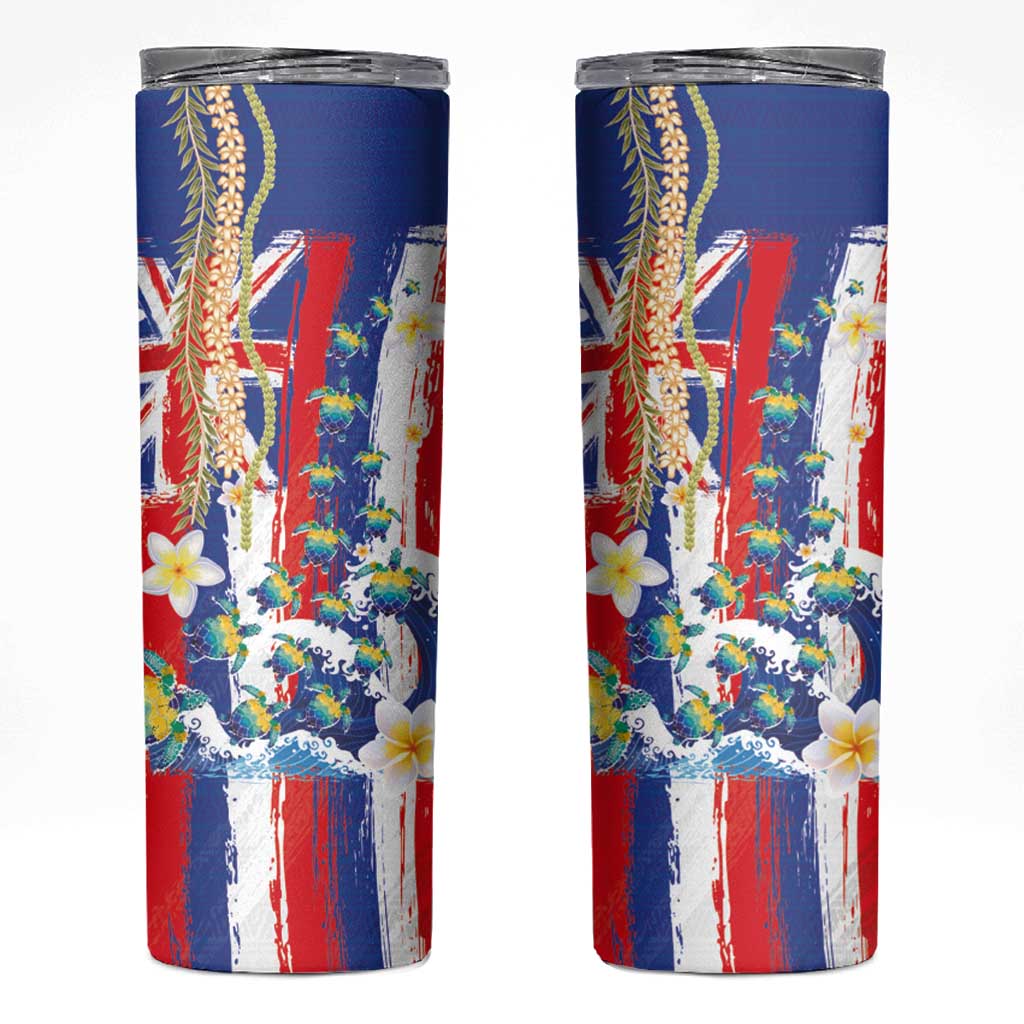 Hawaiian Sea Turtles and Plumeria Skinny Tumbler with Lei and Flag Grunge Style LT03 Multicolor - Polynesian Pride