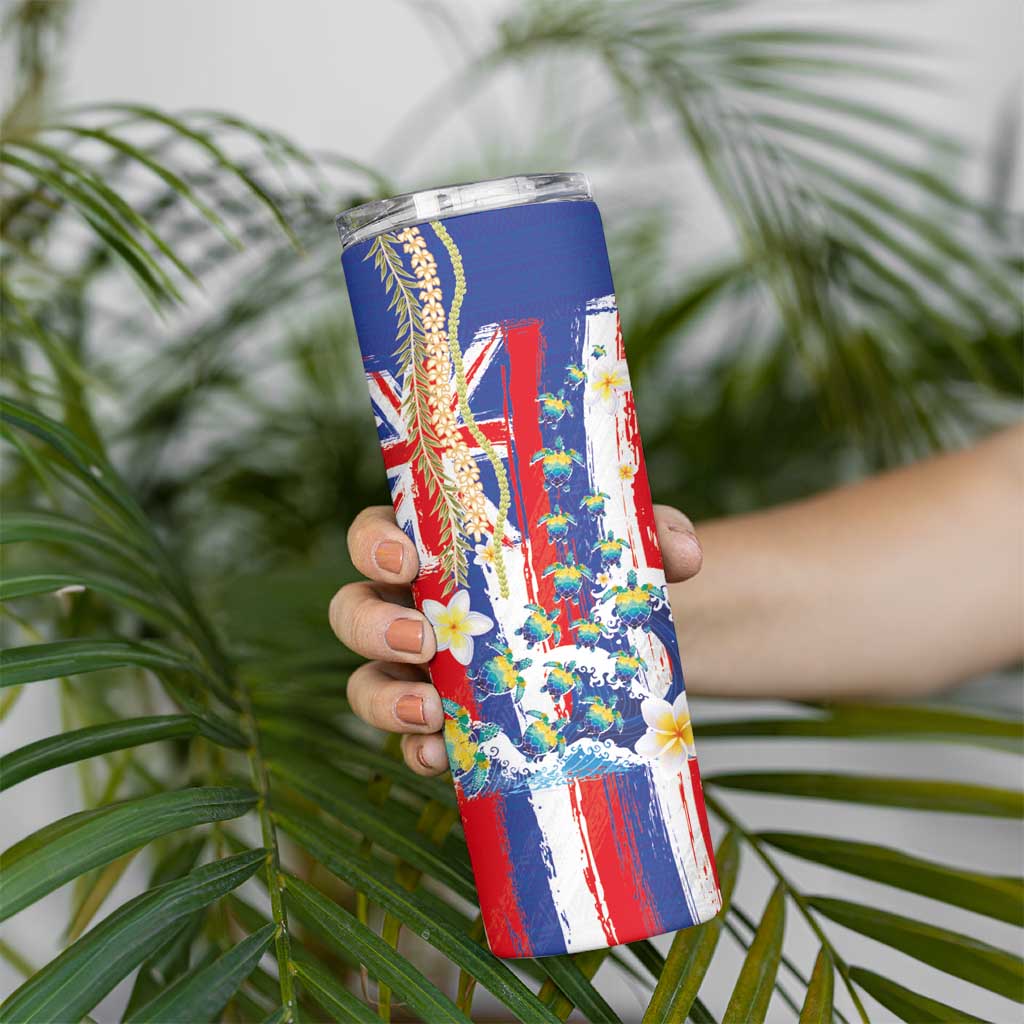 Hawaiian Sea Turtles and Plumeria Skinny Tumbler with Lei and Flag Grunge Style LT03 - Polynesian Pride
