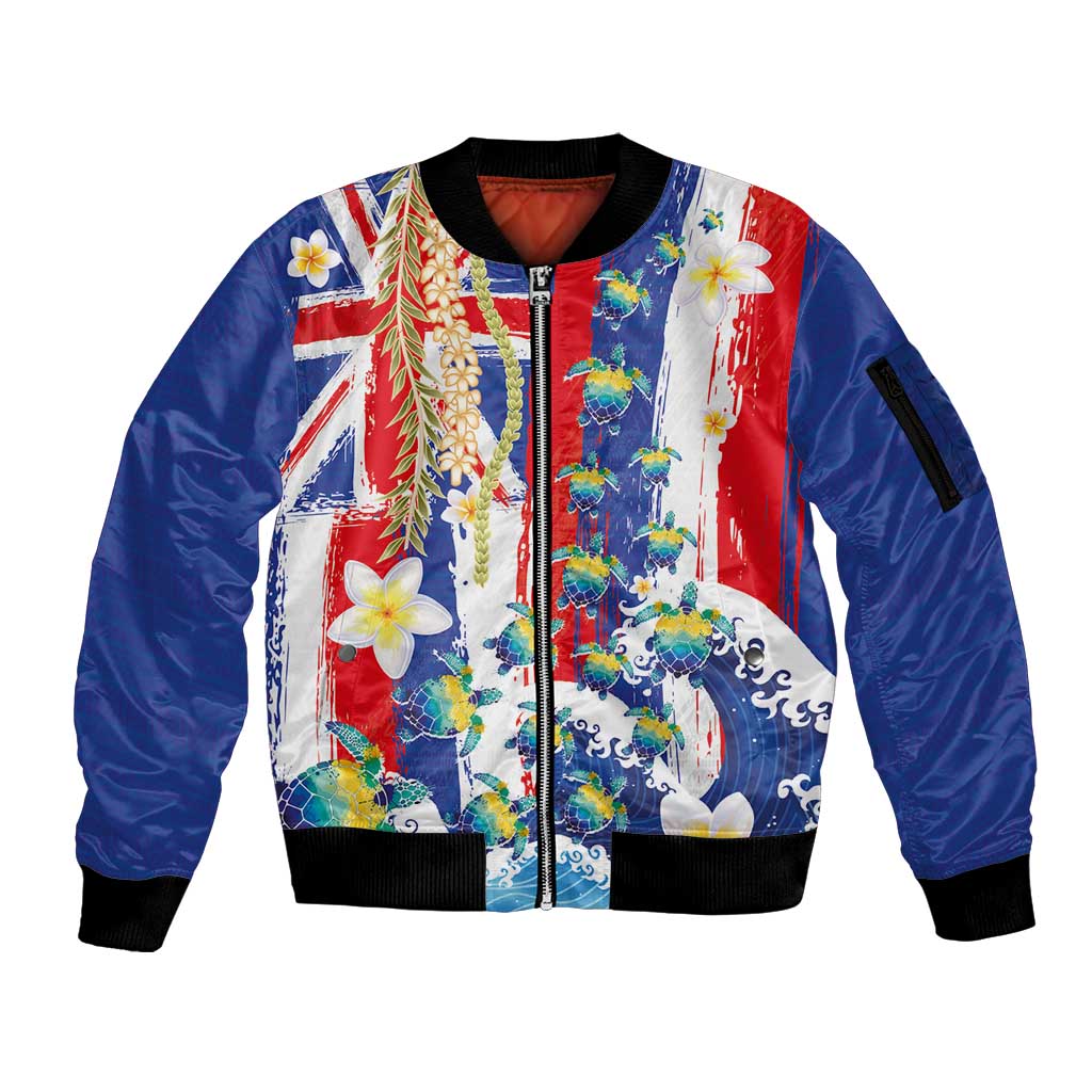 Hawaiian Sea Turtles and Plumeria Sleeve Zip Bomber Jacket with Lei and Flag Grunge Style
