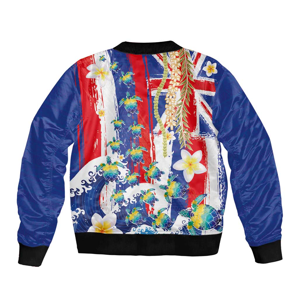 Hawaiian Sea Turtles and Plumeria Sleeve Zip Bomber Jacket with Lei and Flag Grunge Style