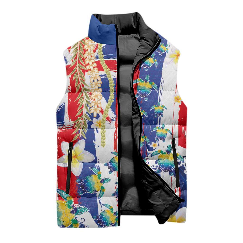 Hawaiian Sea Turtles and Plumeria Sleeveless Puffer Jacket with Lei and Flag Grunge Style