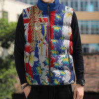 Hawaiian Sea Turtles and Plumeria Sleeveless Puffer Jacket with Lei and Flag Grunge Style