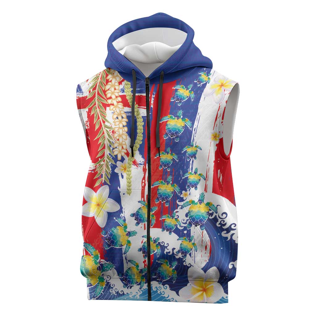 Hawaiian Sea Turtles and Plumeria Sleeveless Zip Hoodie with Lei and Flag Grunge Style