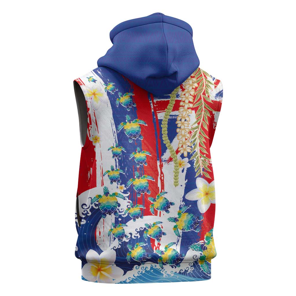 Hawaiian Sea Turtles and Plumeria Sleeveless Zip Hoodie with Lei and Flag Grunge Style