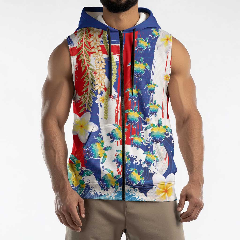 Hawaiian Sea Turtles and Plumeria Sleeveless Zip Hoodie with Lei and Flag Grunge Style