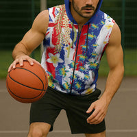 Hawaiian Sea Turtles and Plumeria Sleeveless Zip Hoodie with Lei and Flag Grunge Style