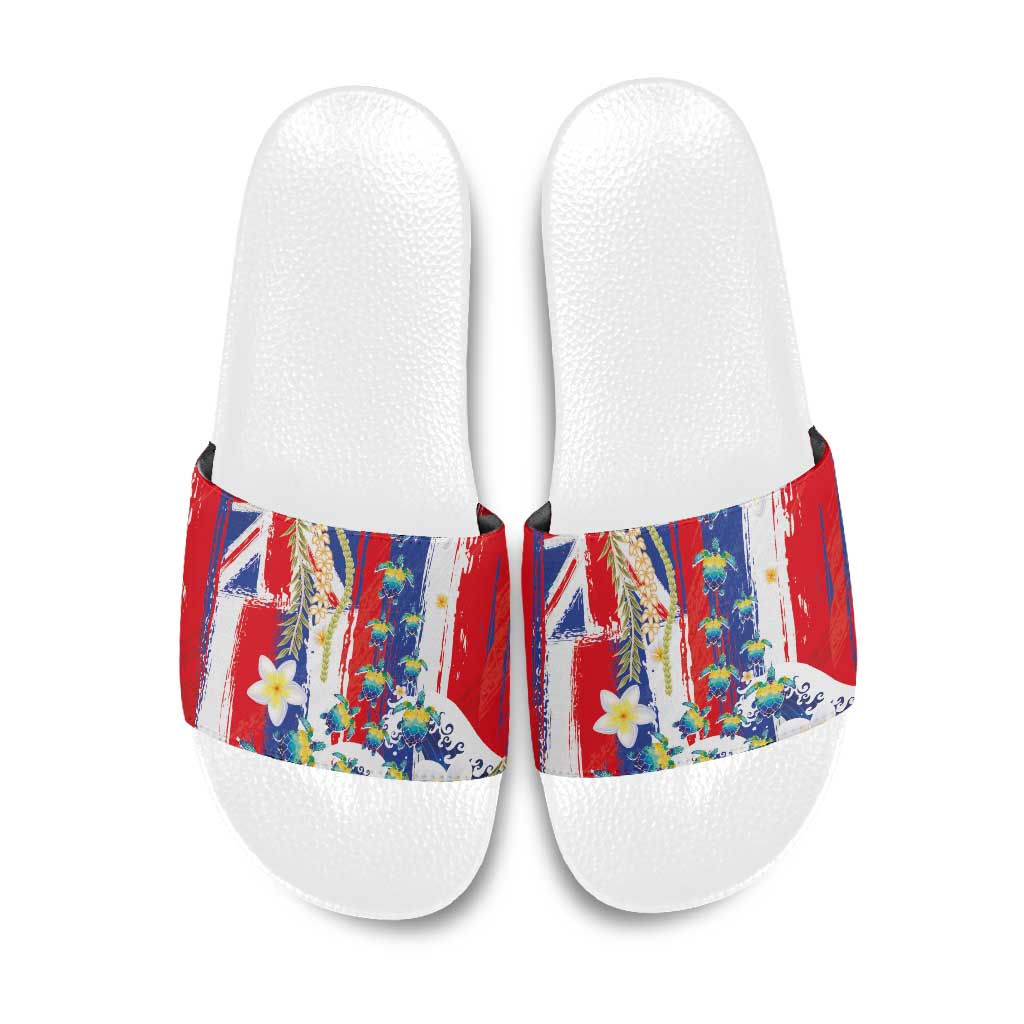 Hawaiian Sea Turtles and Plumeria Slide Sandals with Lei and Flag Grunge Style