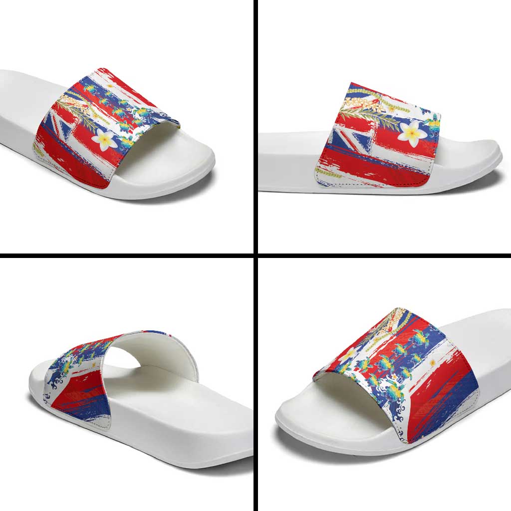 Hawaiian Sea Turtles and Plumeria Slide Sandals with Lei and Flag Grunge Style