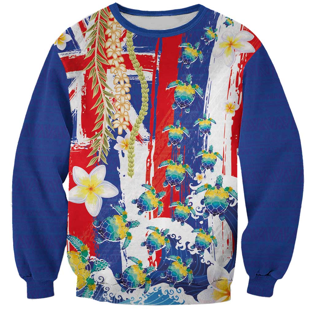 Hawaiian Sea Turtles and Plumeria Sweatshirt with Lei and Flag Grunge Style