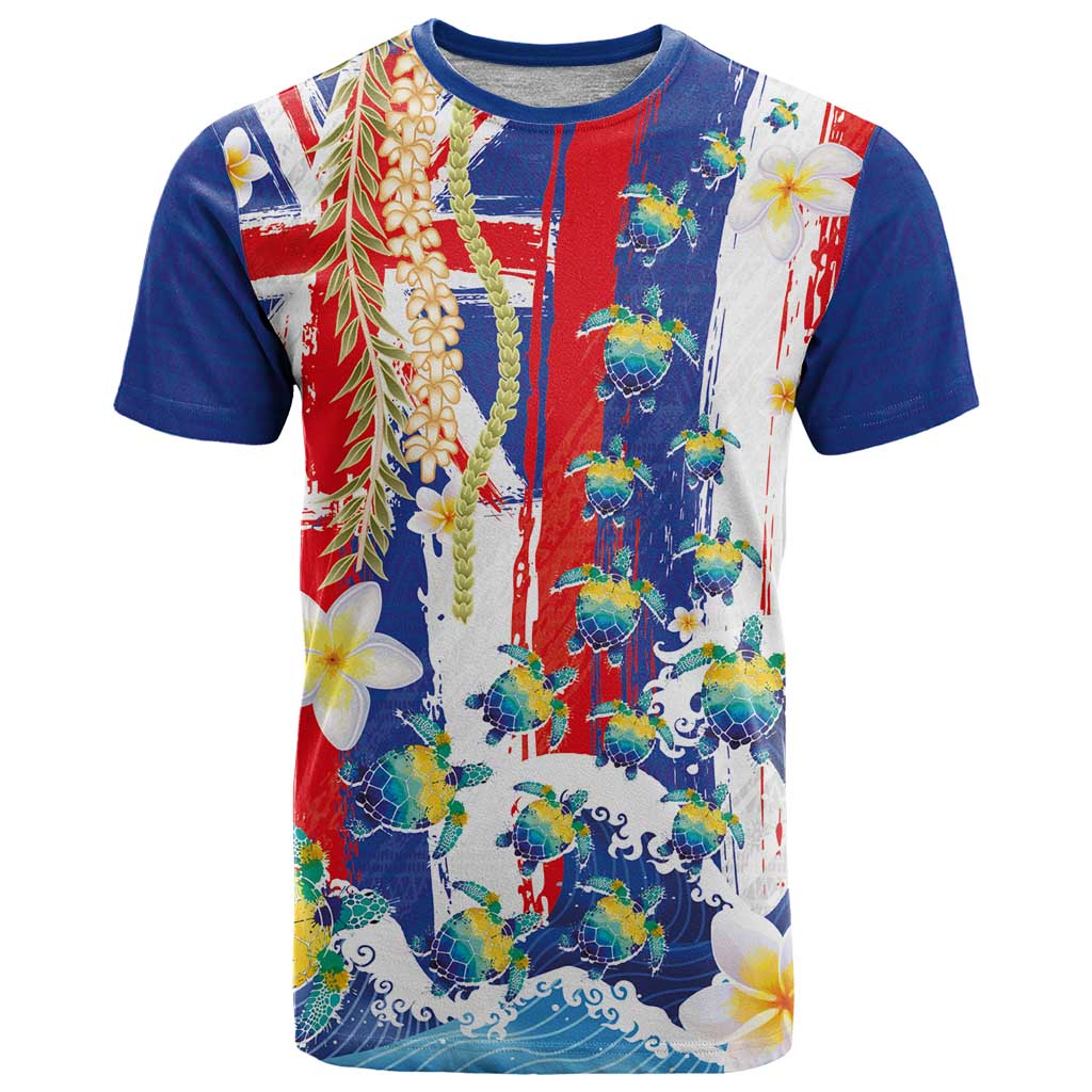 Hawaiian Sea Turtles and Plumeria T Shirt with Lei and Flag Grunge Style