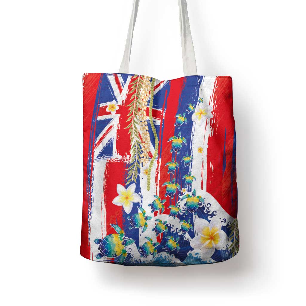Hawaiian Sea Turtles and Plumeria Tote Bag with Lei and Flag Grunge Style
