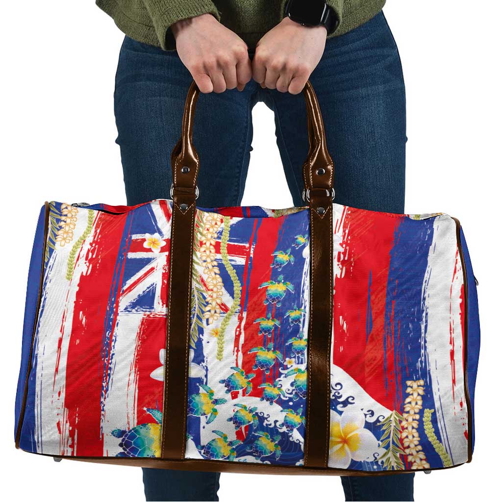 Hawaiian Sea Turtles and Plumeria Travel Bag with Lei and Flag Grunge Style
