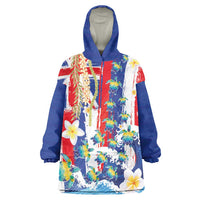 Hawaiian Sea Turtles and Plumeria Wearable Blanket Hoodie with Lei and Flag Grunge Style LT03 One Size Multicolor - Polynesian Pride