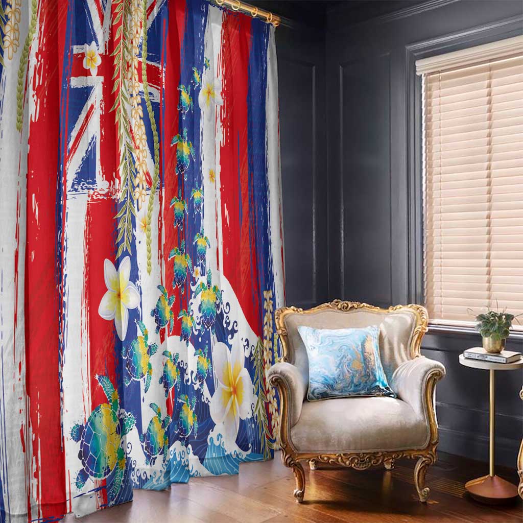 Hawaiian Sea Turtles and Plumeria Window Curtain with Lei and Flag Grunge Style