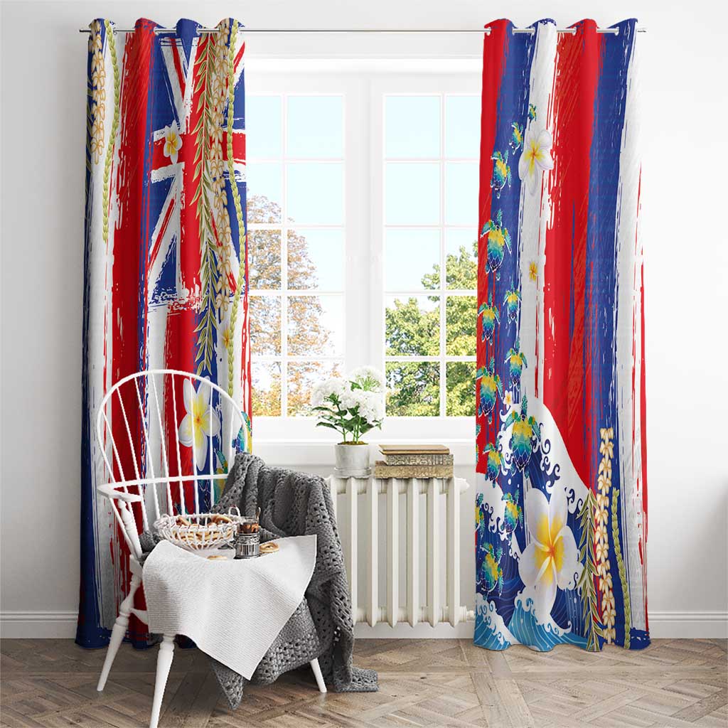 Hawaiian Sea Turtles and Plumeria Window Curtain with Lei and Flag Grunge Style
