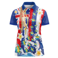 Hawaiian Sea Turtles and Plumeria Women Polo Shirt with Lei and Flag Grunge Style LT03 Female Multicolor - Polynesian Pride