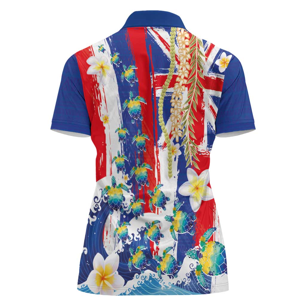 Hawaiian Sea Turtles and Plumeria Women Polo Shirt with Lei and Flag Grunge Style LT03 - Polynesian Pride