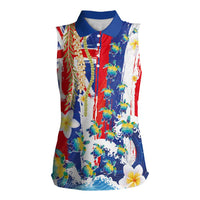 Hawaiian Sea Turtles and Plumeria Women Sleeveless Polo Shirt with Lei and Flag Grunge Style LT03 Female Multicolor - Polynesian Pride