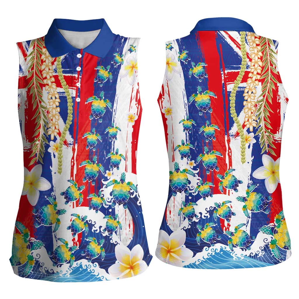 Hawaiian Sea Turtles and Plumeria Women Sleeveless Polo Shirt with Lei and Flag Grunge Style LT03 - Polynesian Pride
