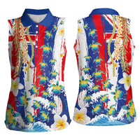 Hawaiian Sea Turtles and Plumeria Women Sleeveless Polo Shirt with Lei and Flag Grunge Style LT03 - Polynesian Pride