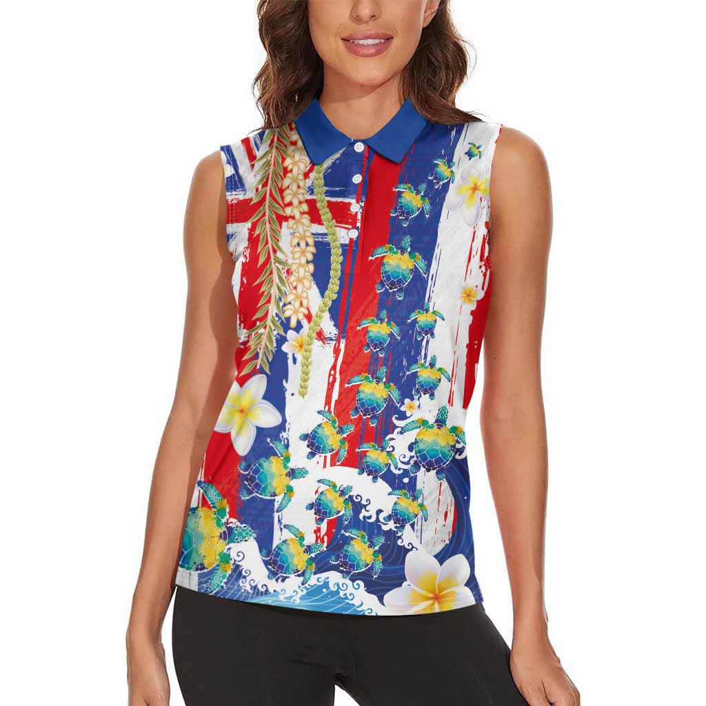 Hawaiian Sea Turtles and Plumeria Women Sleeveless Polo Shirt with Lei and Flag Grunge Style LT03 - Polynesian Pride