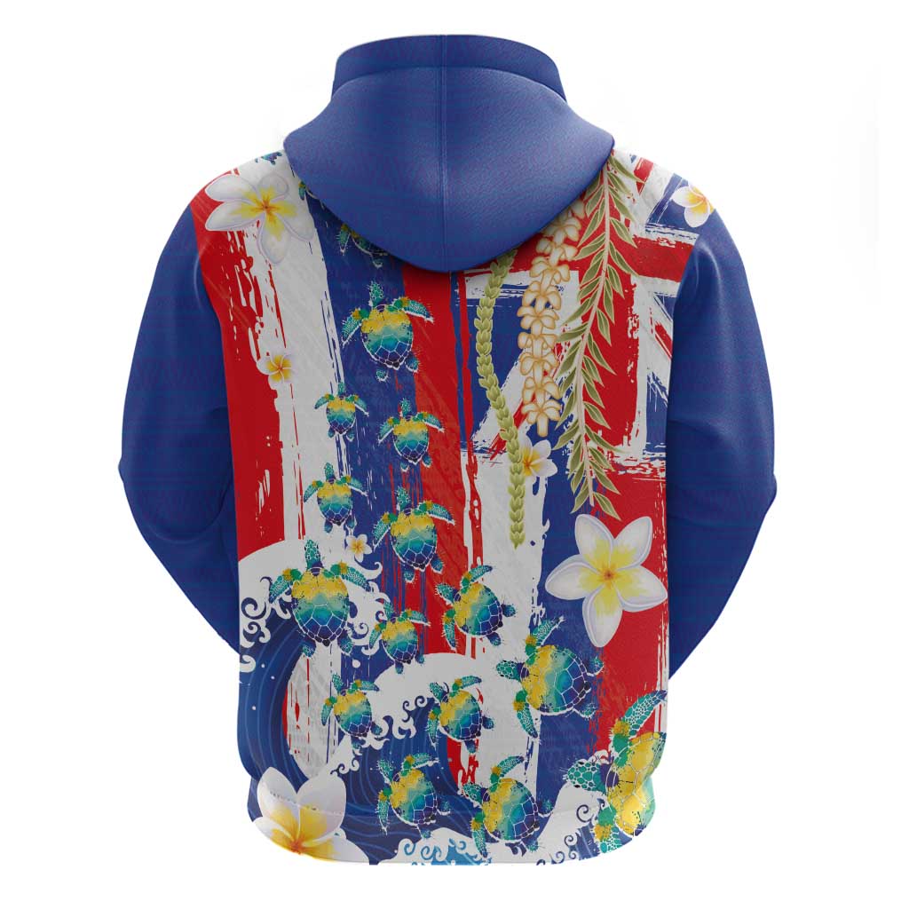 Hawaiian Sea Turtles and Plumeria Zip Hoodie with Lei and Flag Grunge Style LT03 - Polynesian Pride