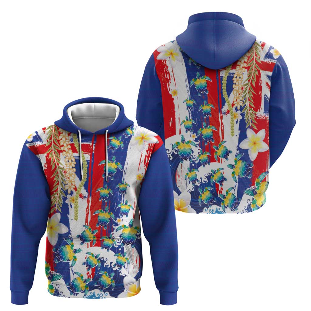 Hawaiian Sea Turtles and Plumeria Zip Hoodie with Lei and Flag Grunge Style LT03 - Polynesian Pride