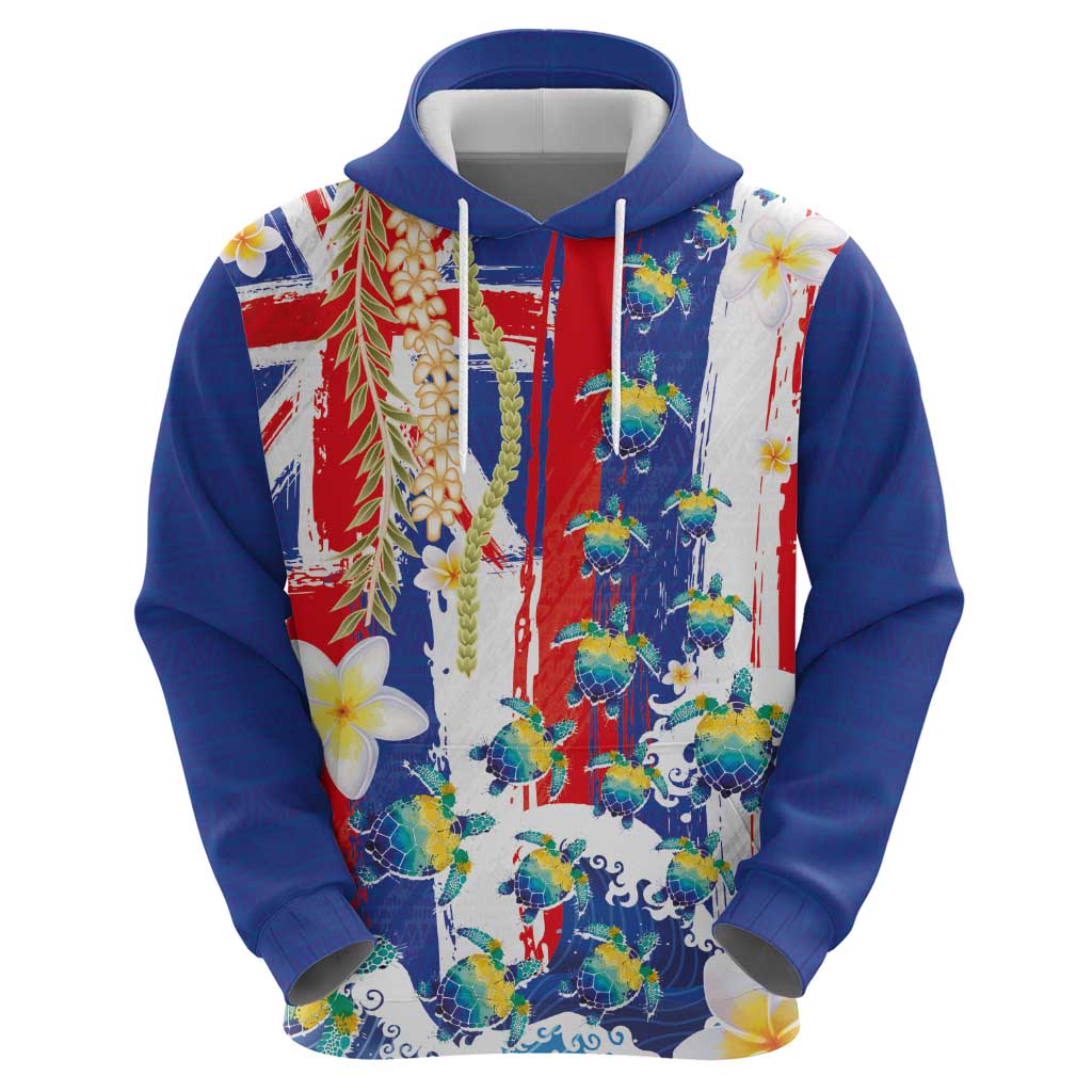 Hawaiian Sea Turtles and Plumeria Zip Hoodie with Lei and Flag Grunge Style LT03 - Polynesian Pride