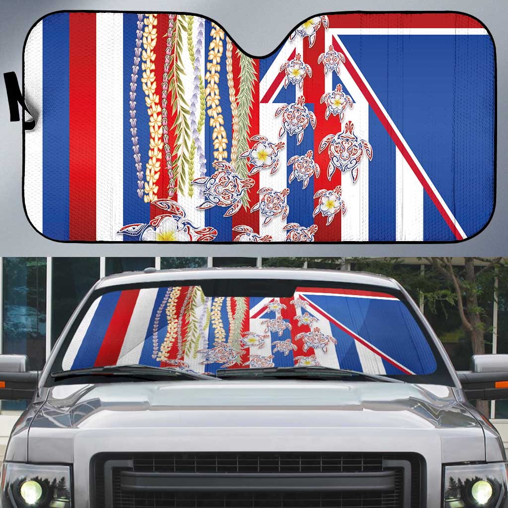 Hawaiian Polynesian Tribal Turtles Auto Sun Shade with Lei and Flag Style