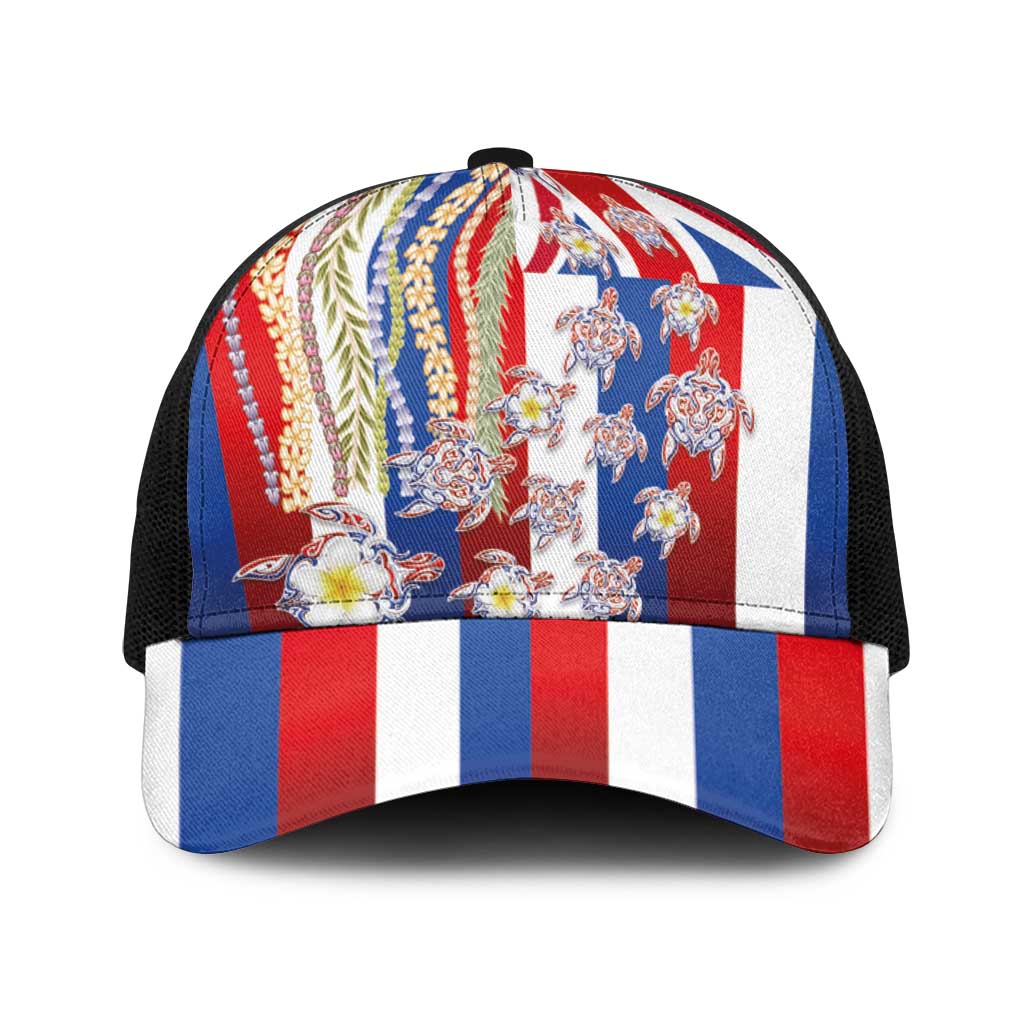 Hawaiian Polynesian Tribal Turtles Baseball Net Cap with Lei and Flag Style