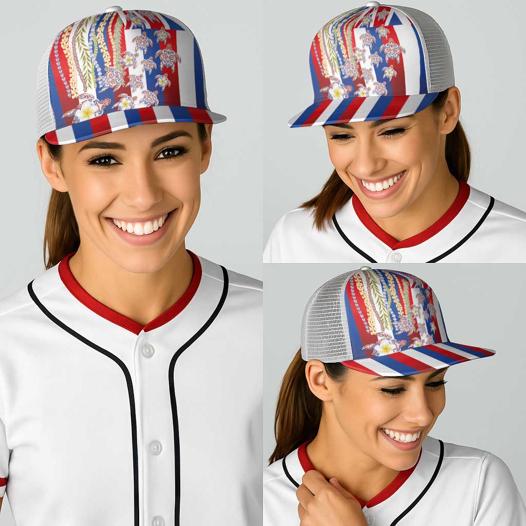 Hawaiian Polynesian Tribal Turtles Baseball Net Cap with Lei and Flag Style