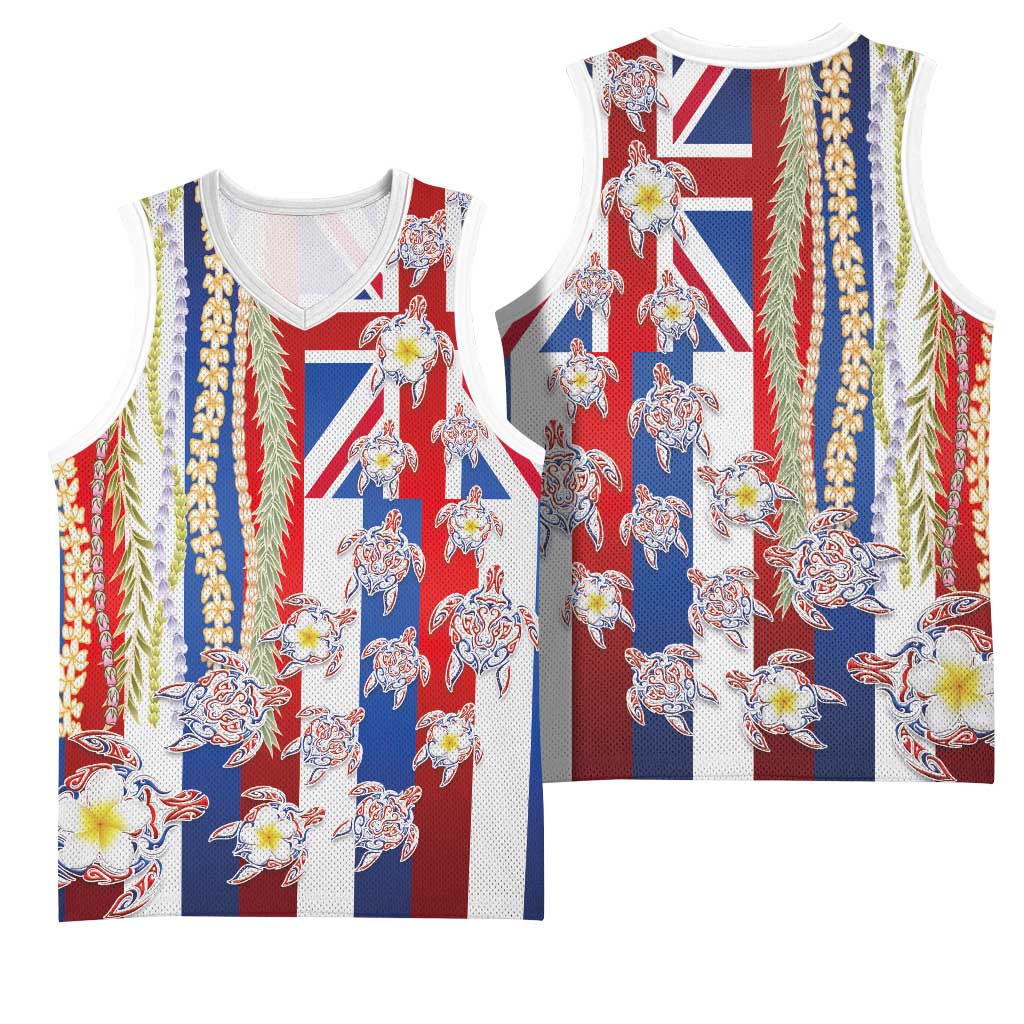 Hawaiian Polynesian Tribal Turtles Basketball Jersey with Lei and Flag Style