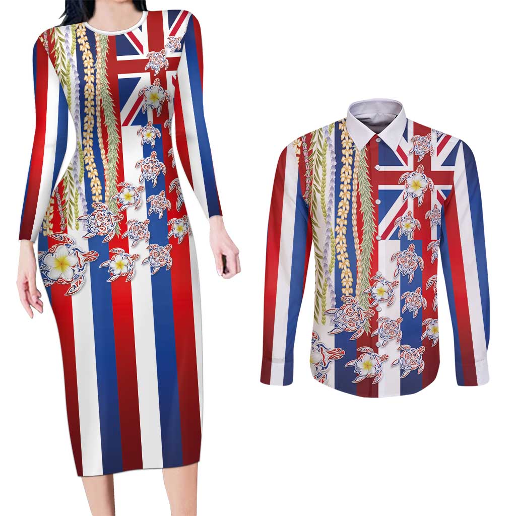 Hawaiian Polynesian Tribal Turtles Couples Matching Long Sleeve Bodycon Dress and Long Sleeve Button Shirt with Lei and Flag Style