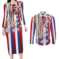 Hawaiian Polynesian Tribal Turtles Couples Matching Long Sleeve Bodycon Dress and Long Sleeve Button Shirt with Lei and Flag Style