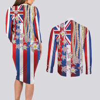 Hawaiian Polynesian Tribal Turtles Couples Matching Long Sleeve Bodycon Dress and Long Sleeve Button Shirt with Lei and Flag Style
