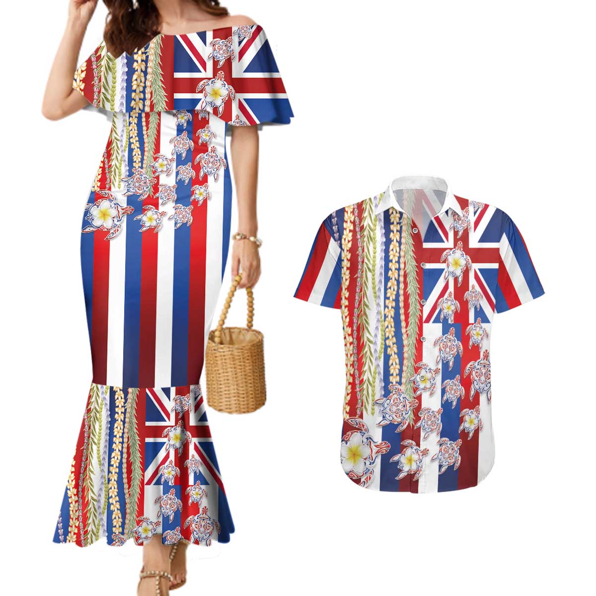 Hawaiian Polynesian Tribal Turtles Couples Matching Mermaid Dress and Hawaiian Shirt with Lei and Flag Style LT03 Multicolor - Polynesian Pride