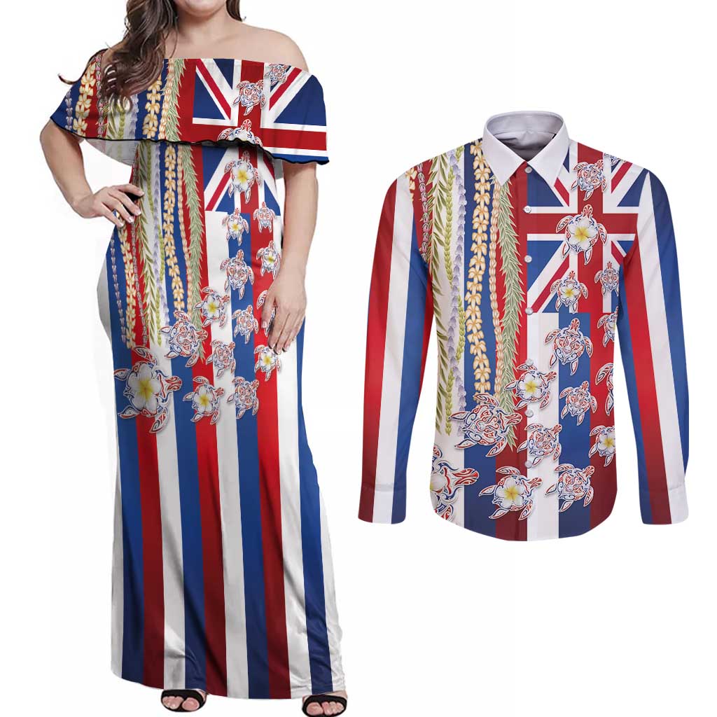Hawaiian Polynesian Tribal Turtles Couples Matching Off Shoulder Maxi Dress and Long Sleeve Button Shirt with Lei and Flag Style
