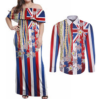Hawaiian Polynesian Tribal Turtles Couples Matching Off Shoulder Maxi Dress and Long Sleeve Button Shirt with Lei and Flag Style