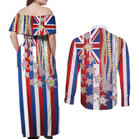 Hawaiian Polynesian Tribal Turtles Couples Matching Off Shoulder Maxi Dress and Long Sleeve Button Shirt with Lei and Flag Style