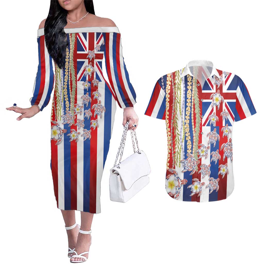 Hawaiian Polynesian Tribal Turtles Couples Matching Off The Shoulder Long Sleeve Dress and Hawaiian Shirt with Lei and Flag Style LT03 Multicolor - Polynesian Pride