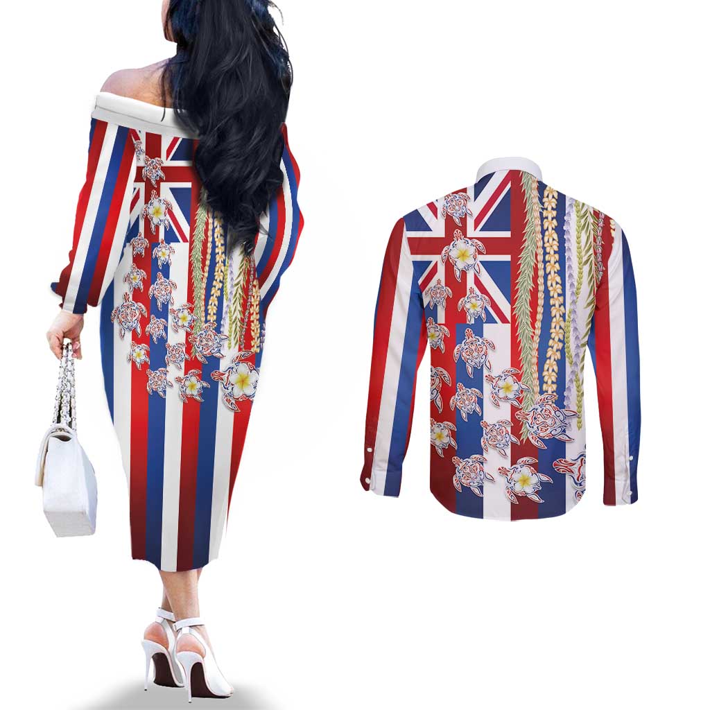 Hawaiian Polynesian Tribal Turtles Couples Matching Off The Shoulder Long Sleeve Dress and Long Sleeve Button Shirt with Lei and Flag Style