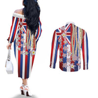 Hawaiian Polynesian Tribal Turtles Couples Matching Off The Shoulder Long Sleeve Dress and Long Sleeve Button Shirt with Lei and Flag Style