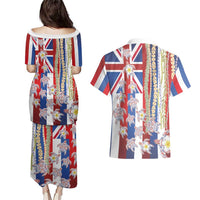 Hawaiian Polynesian Tribal Turtles Couples Matching Puletasi and Hawaiian Shirt with Lei and Flag Style