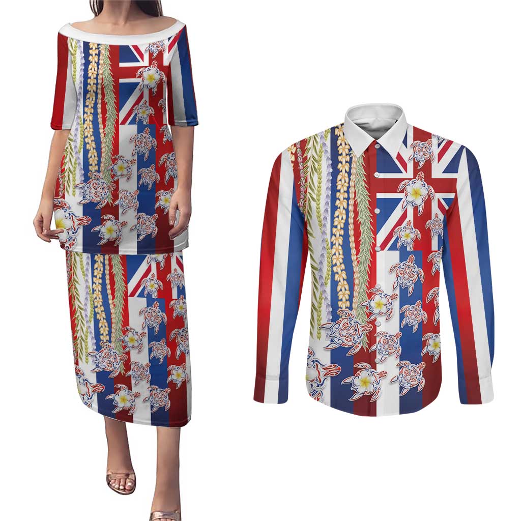 Hawaiian Polynesian Tribal Turtles Couples Matching Puletasi and Long Sleeve Button Shirt with Lei and Flag Style