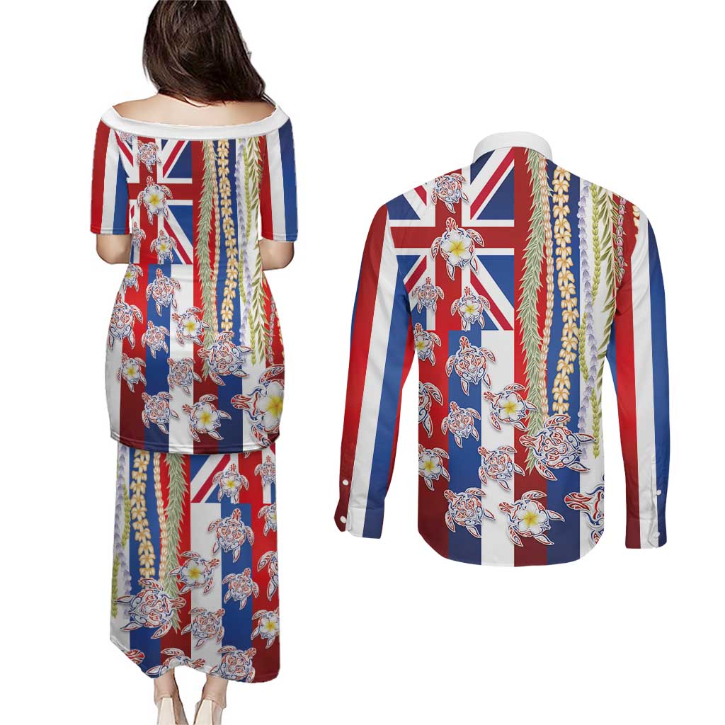 Hawaiian Polynesian Tribal Turtles Couples Matching Puletasi and Long Sleeve Button Shirt with Lei and Flag Style