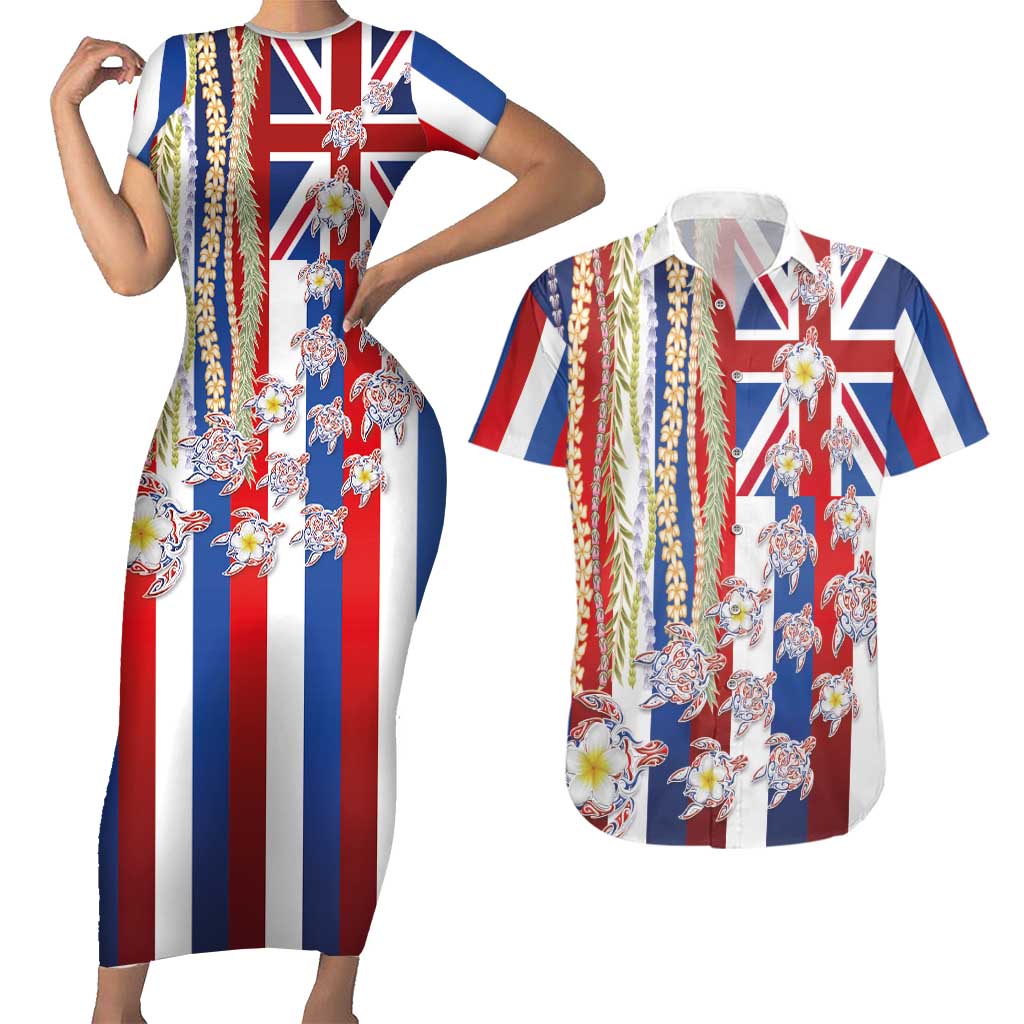 Hawaiian Polynesian Tribal Turtles Couples Matching Short Sleeve Bodycon Dress and Hawaiian Shirt with Lei and Flag Style