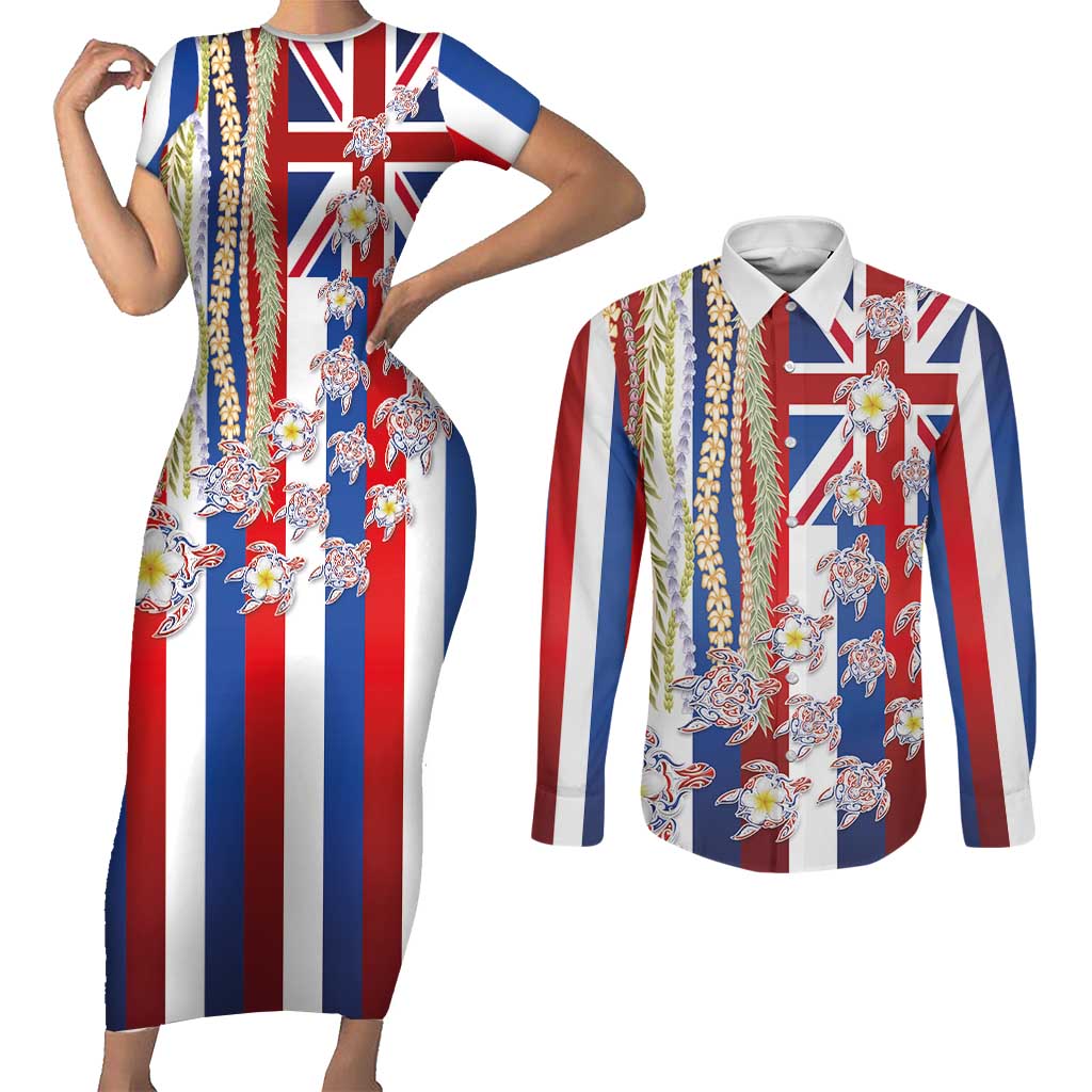 Hawaiian Polynesian Tribal Turtles Couples Matching Short Sleeve Bodycon Dress and Long Sleeve Button Shirt with Lei and Flag Style